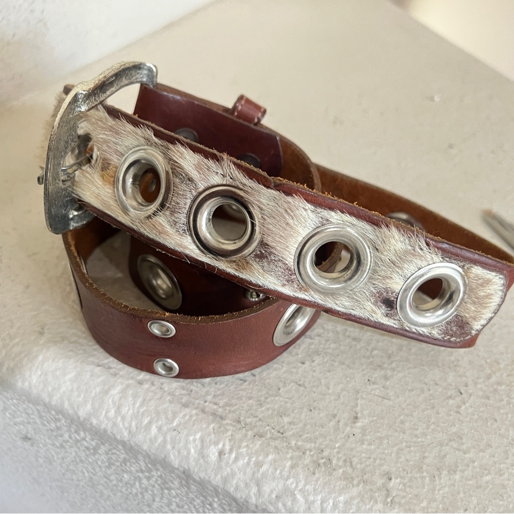 Unisex Leather studded cowhide western cowboy brown belt medium festival - Picture 3 of 16
